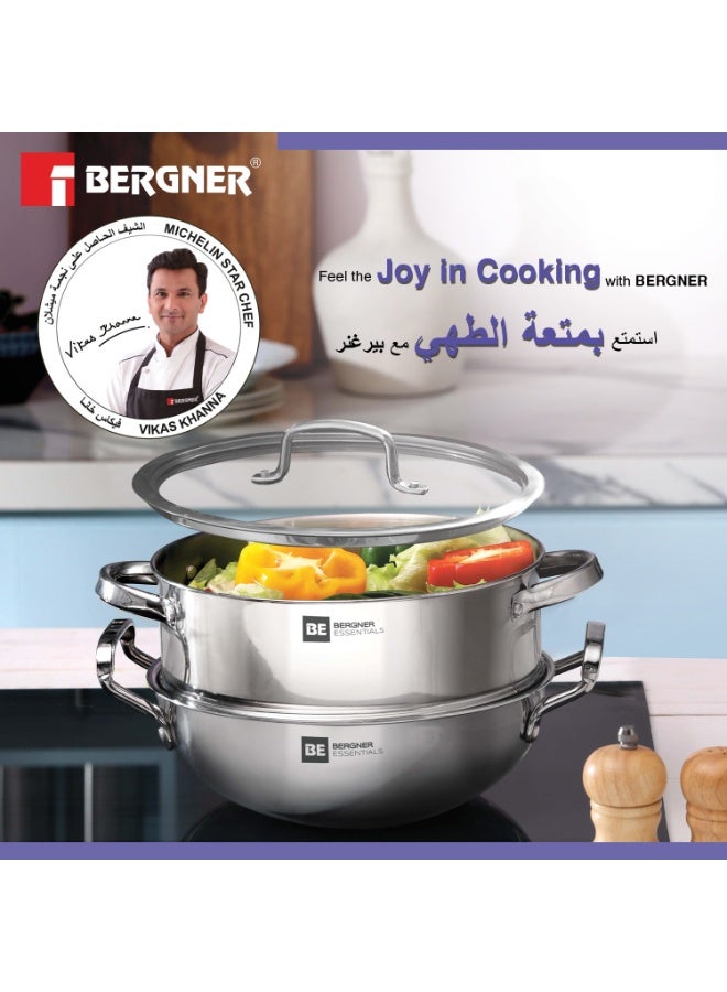 بيرجنر طقم أواني طهي بيرغنر إسنشيلز 3 قطع من الستانلس ستيل ثلاثي الطبقات - مقلاة عميقة 24 سم (3.2 لتر) مع قدر بخارية وغطاء زجاجي - طقم "ووك" متعدد الاستخدامات للمواقد الغاز والحث الحراري، طقم طهي صحي - Image 5